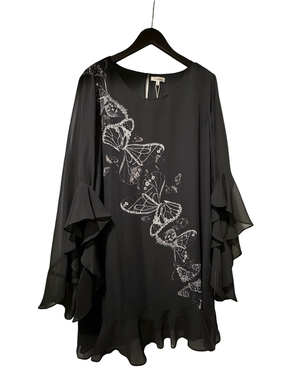 Max Studio Black Chiffon Butterfly Ruffle Long Sleeve Dress